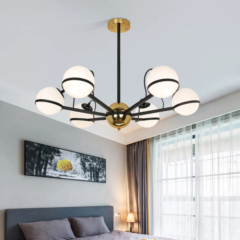 Modernistische ronde hangende kroonluchter, mat wit glas, 6/8/10 lampen, hanglamp zwart Clearhalo