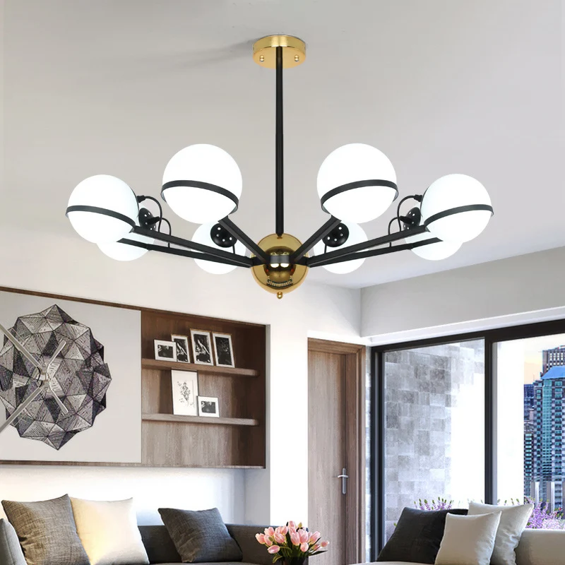 Modernistische ronde hangende kroonluchter, mat wit glas, 6/8/10 lampen, hanglamp zwart Clearhalo
