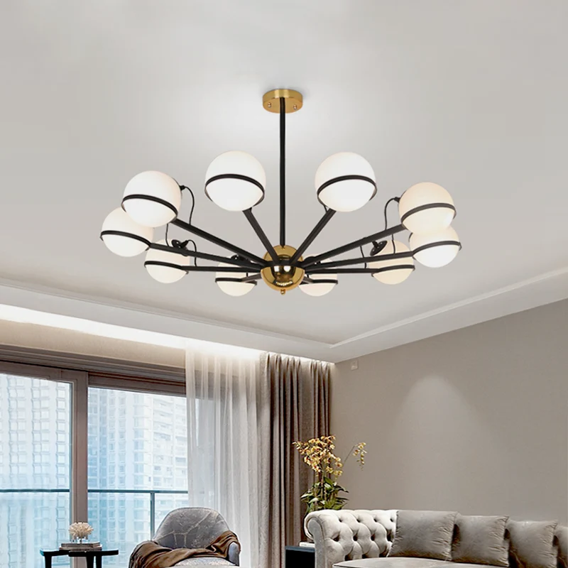Modernistische ronde hangende kroonluchter, mat wit glas, 6/8/10 lampen, hanglamp zwart Clearhalo