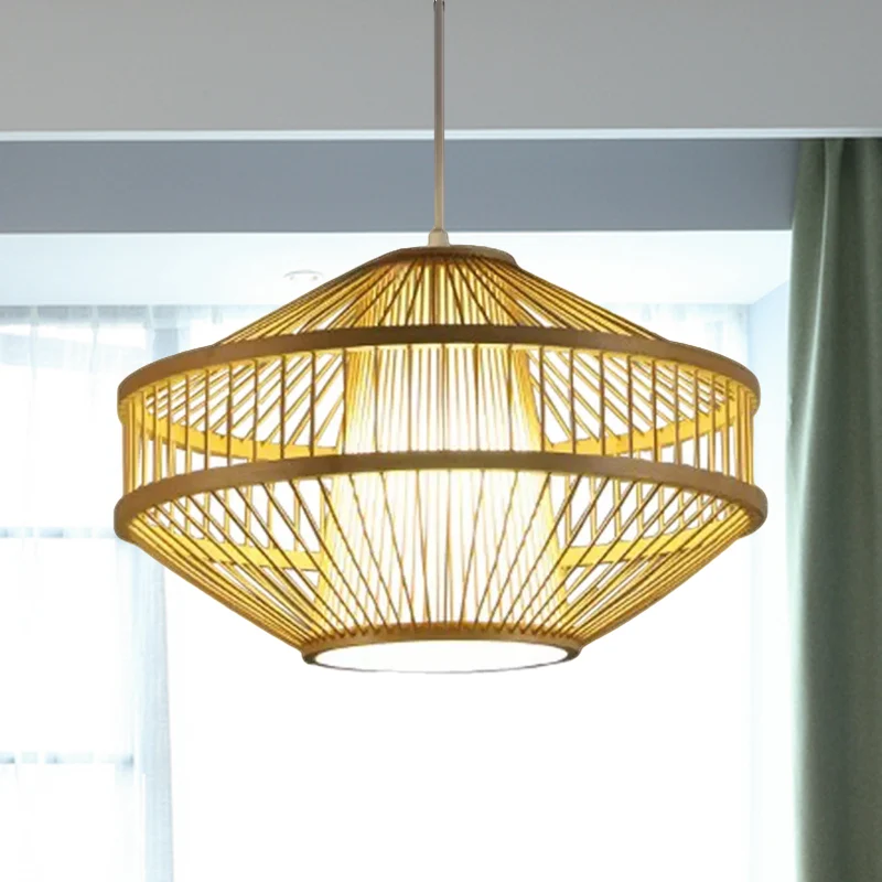 Modernistische stijl 1-lichts hanglamp met bamboe kap Beige open geweven hanglamp voor restaurant Clearhalo