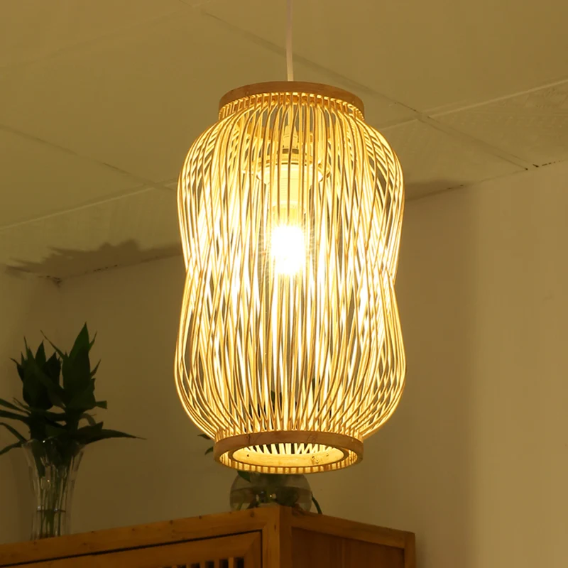 Modernistische stijl lantaarnontwerp plafondlamp bamboe 1 lamp binnenhanglamp beige Clearhalo