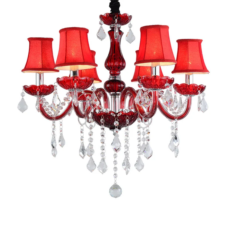 Modernistische uitlopende plafondkroonluchter K9 kristal 6 lampen woonkamer hanglamp rood Clearhalo