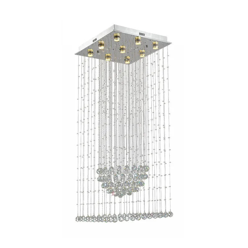 Modernistische waterval-hanglamp, 9-lamps kristallen LED-multi-plafondlamp zilver met vierkante luifel Clearhalo