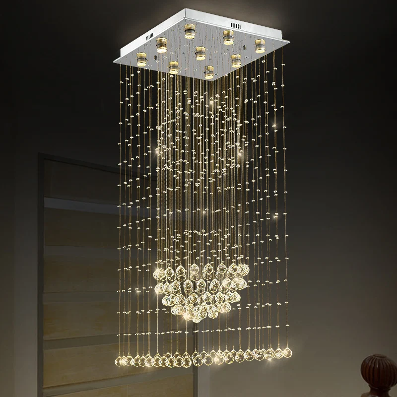 Modernistische waterval-hanglamp, 9-lamps kristallen LED-multi-plafondlamp zilver met vierkante luifel Clearhalo