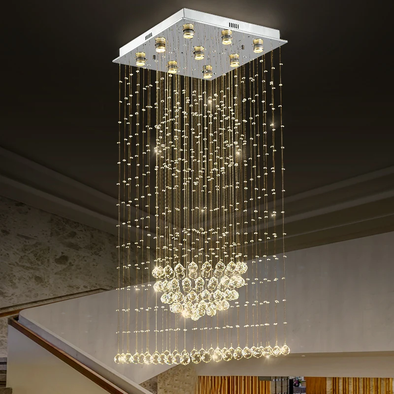 Modernistische waterval-hanglamp, 9-lamps kristallen LED-multi-plafondlamp zilver met vierkante luifel Clearhalo