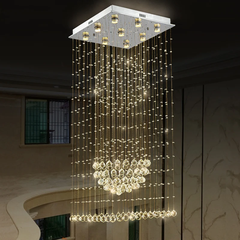 Modernistische waterval-hanglamp, 9-lamps kristallen LED-multi-plafondlamp zilver met vierkante luifel Clearhalo