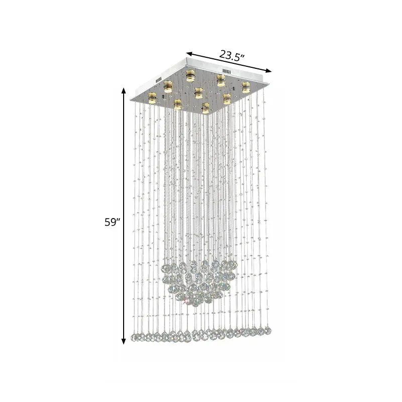Modernistische waterval-hanglamp, 9-lamps kristallen LED-multi-plafondlamp zilver met vierkante luifel Clearhalo