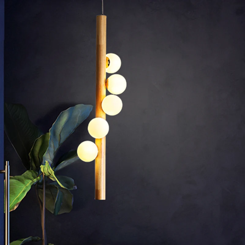 Modo kroonluchter verlichting eigentijds crèmekleurig glas 5-kops restaurant hanglamp hout Clearhalo