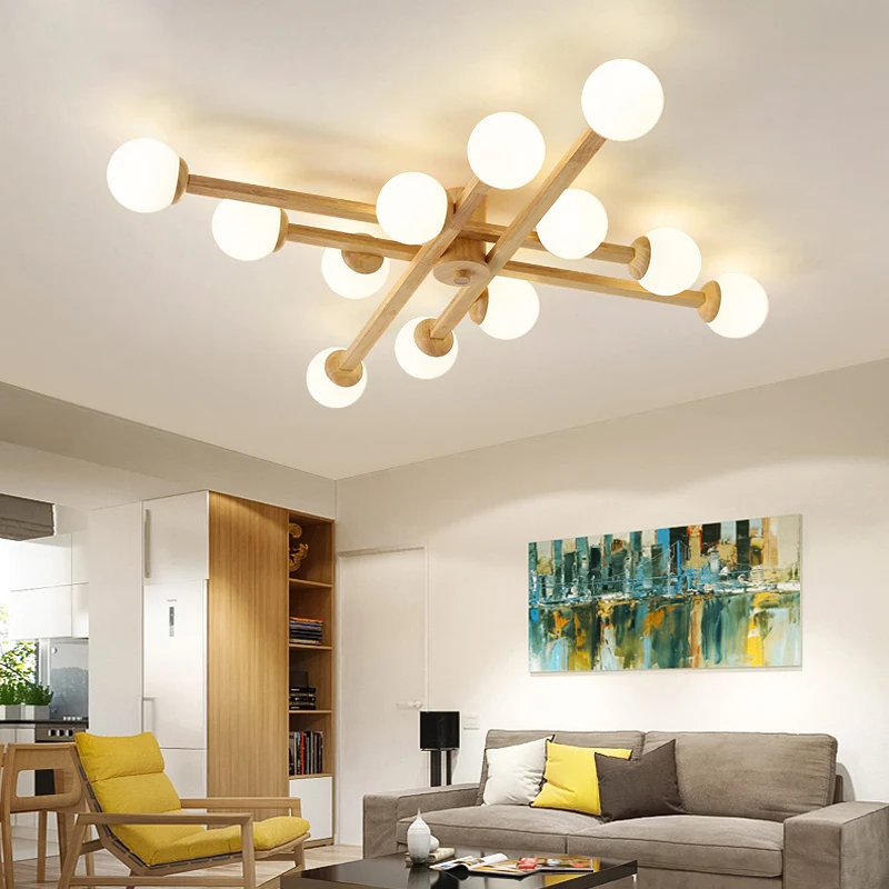 Modo woonkamer semi-inbouw opaalglas eenvoud dicht bij plafond kroonluchter hout Clearhalo