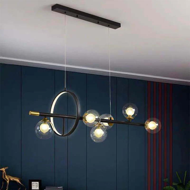Moleculaire eetkamer eiland-hanglamp Dubbel glas 6-lichts modernistische hanglampenset met metalen frame Clearhalo