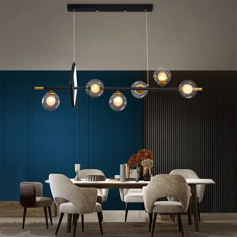 Moleculaire eetkamer eiland-hanglamp Dubbel glas 6-lichts modernistische hanglampenset met metalen frame Clearhalo