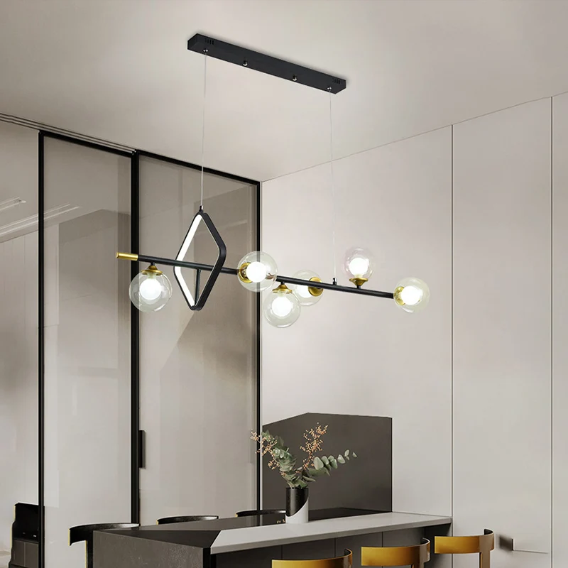 Moleculaire eetkamer eiland-hanglamp Dubbel glas 6-lichts modernistische hanglampenset met metalen frame Clearhalo