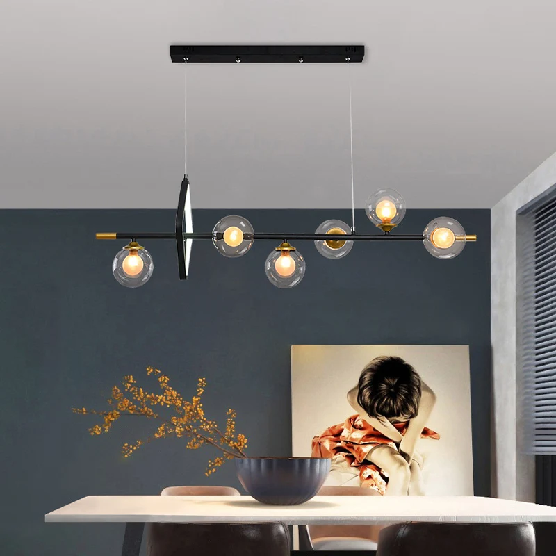Moleculaire eetkamer eiland-hanglamp Dubbel glas 6-lichts modernistische hanglampenset met metalen frame Clearhalo