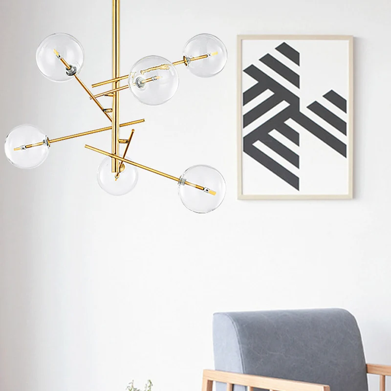Mondiale kroonluchter van helder glas met post-modernistische 6/8-lichts led-hangende hanglamp goud Clearhalo