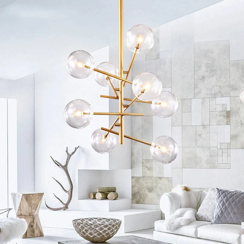 Mondiale kroonluchter van helder glas met post-modernistische 6/8-lichts led-hangende hanglamp goud Clearhalo