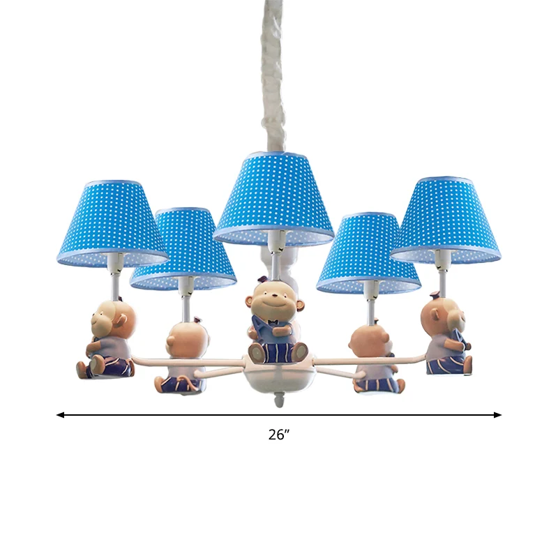 Mooie aapkroonluchter van stof en metaal, 5 lichts blauwe hanglampen voor kinderslaapkamer Clearhalo