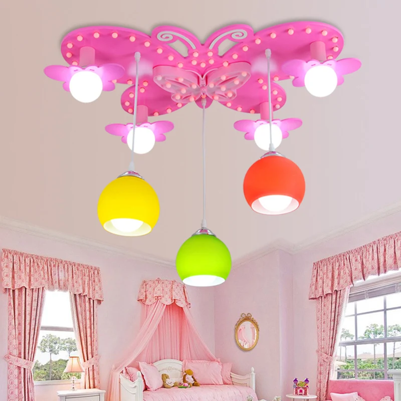 Mooie roze, semi-inbouwlamp, vlinder, 7 lichts houten plafondlamp voor meisjesslaapkamer Clearhalo