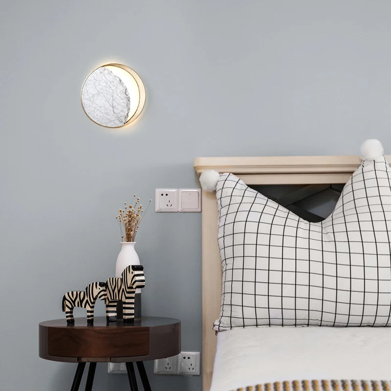 Moon Sconce Lighting Postmoderne marmeren gouden LED-wandlamp met metalen ring voor nachtkastje Clearhalo