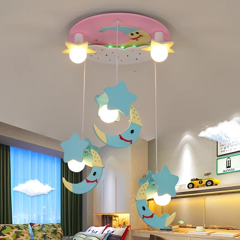 Moon and Star Wood semi-inbouw cartoon 5-lichts blauw/roze afwerking verzonken plafondverlichting Clearhalo