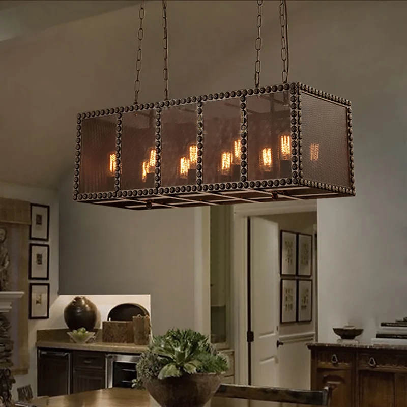 Multi-lichte hanglamp met rechthoekig draadnet, metalen kap, boerderij, stijlvolle eetkamer, eilandverlichting zwart Clear...