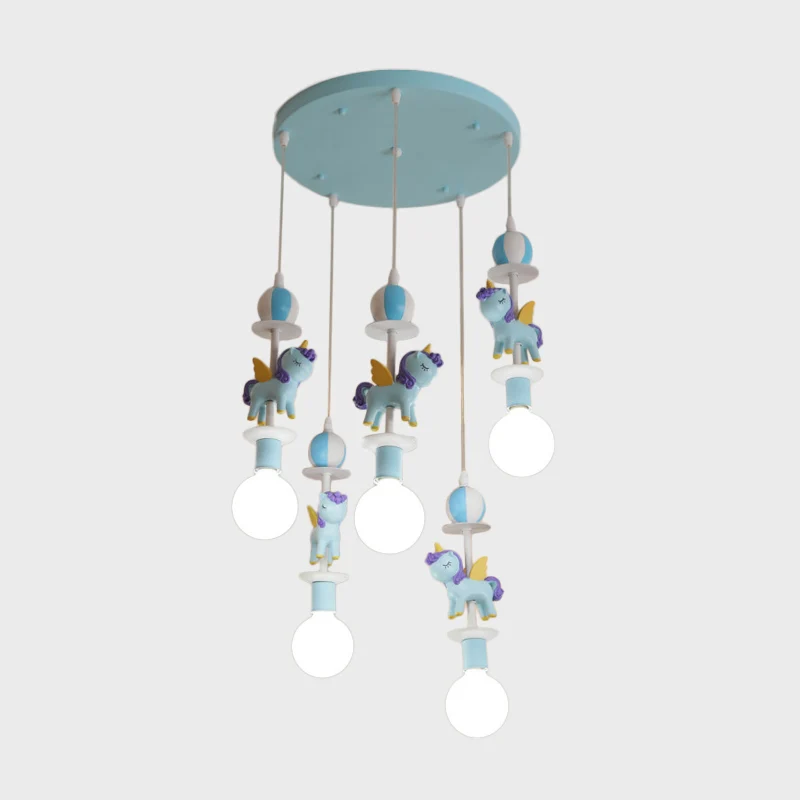 Multi-plafondlamp eenhoornvorm, cartoon hars, 5 lampen, roze/blauwe afwerking, hanglampenset met ronde luifel Clearhalo