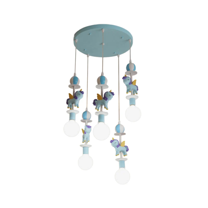 Multi-plafondlamp eenhoornvorm, cartoon hars, 5 lampen, roze/blauwe afwerking, hanglampenset met ronde luifel Clearhalo