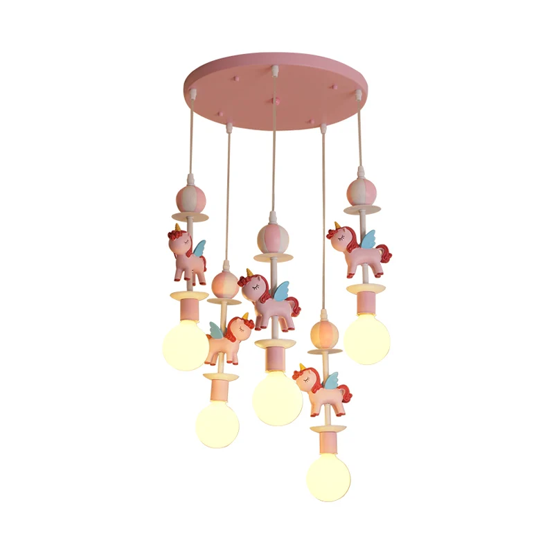 Multi-plafondlamp eenhoornvorm, cartoon hars, 5 lampen, roze/blauwe afwerking, hanglampenset met ronde luifel Clearhalo