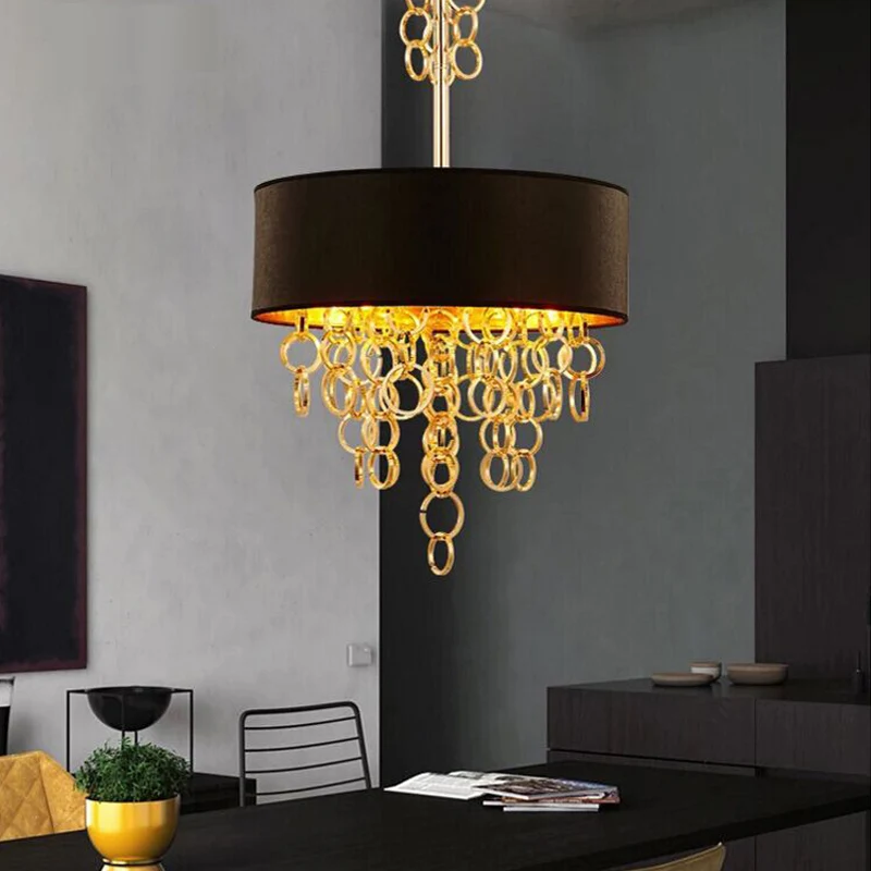 Multi-ringen plafondkroonluchter modernistisch metaal 3-lichts zwart en goud hangende hanger met trommelstof kap Clearhalo