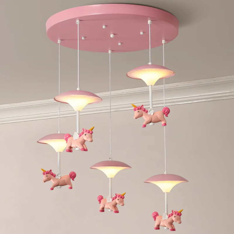 Mushroom Shade Slaapkamer Multi Hanglamp Metaal LED Kinderplafondhanger met Eenhoorn Deco, Roze Clearhalo