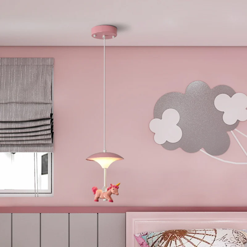 Mushroom Shade Slaapkamer Multi Hanglamp Metaal LED Kinderplafondhanger met Eenhoorn Deco, Roze Clearhalo