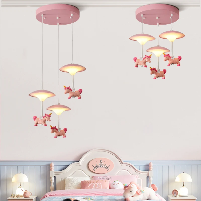 Mushroom Shade Slaapkamer Multi Hanglamp Metaal LED Kinderplafondhanger met Eenhoorn Deco, Roze Clearhalo