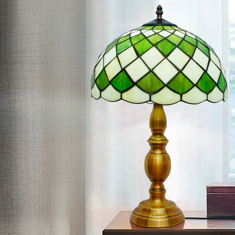 Nachtkastjelamp met enkele lamp, klassiek groen, met de hand geslepen glazen bureaulamp met rasterpatroon Clearhalo