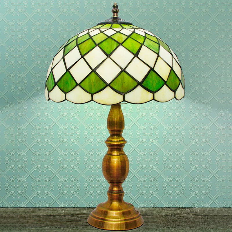 Nachtkastjelamp met enkele lamp, klassiek groen, met de hand geslepen glazen bureaulamp met rasterpatroon Clearhalo