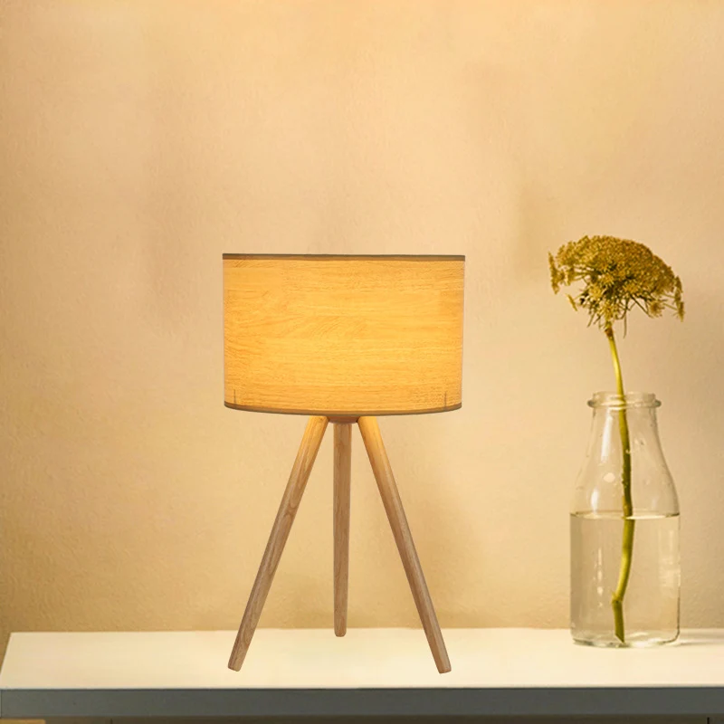 Nachtkastjelamp met 1 lamp, minimalistisch houten statief, nachtlampje met stoffen kolomkap Clearhalo