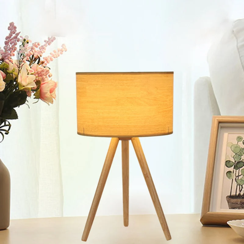 Nachtkastjelamp met 1 lamp, minimalistisch houten statief, nachtlampje met stoffen kolomkap Clearhalo