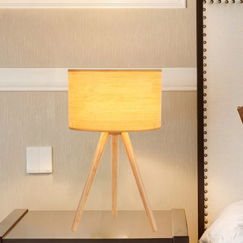 Nachtkastjelamp met 1 lamp, minimalistisch houten statief, nachtlampje met stoffen kolomkap Clearhalo