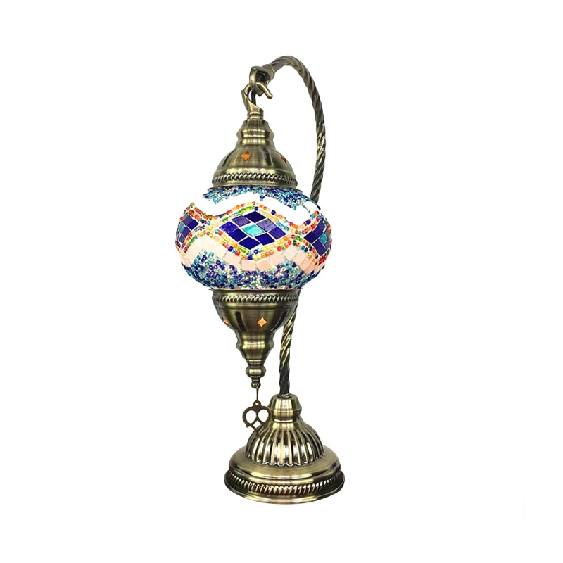 Nachtkastjelamp met 1 lamp, traditie, metalen taakverlichting messing met rode/lichtblauwe/oranjegele glazen kap Clearhalo