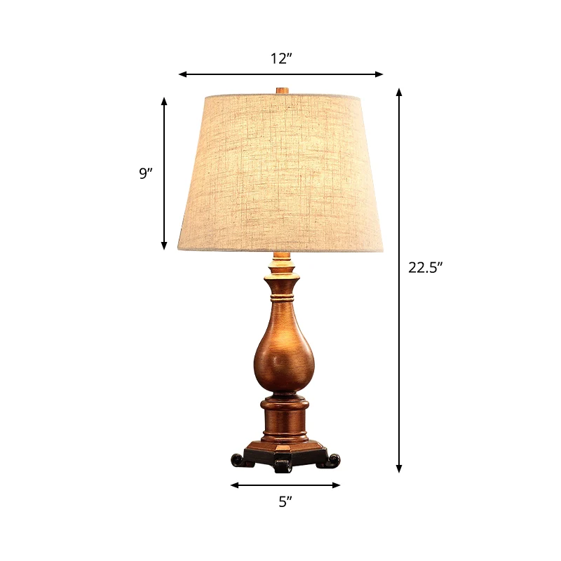 Nachtlamp met 1 kop, vintage taps toelopende stoffen tafelverlichting bruin met harsvaasbasis Clearhalo