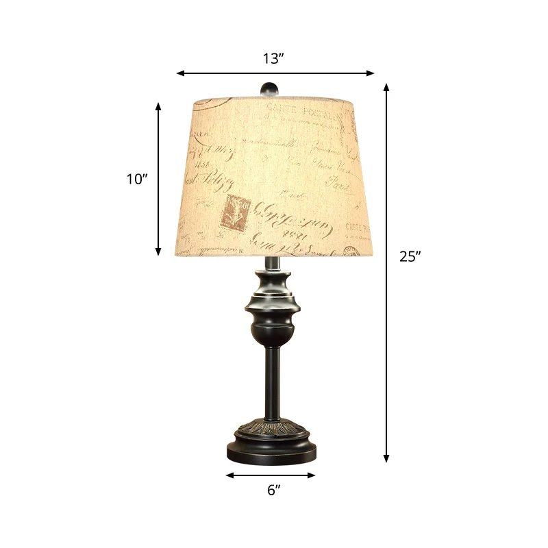 Nachtlampje met enkele lamp Rustiek taps toelopend drumscript Bedrukte stoffen tafelverlichting zwart Clearhalo