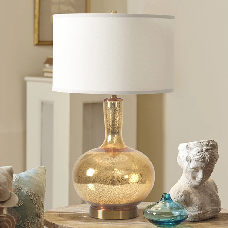 Nachtlampje van craqueléglas van vaas Landelijk nachtkastje met 1 hoofd, verlichting goud met cilindervormige stoffen kap...