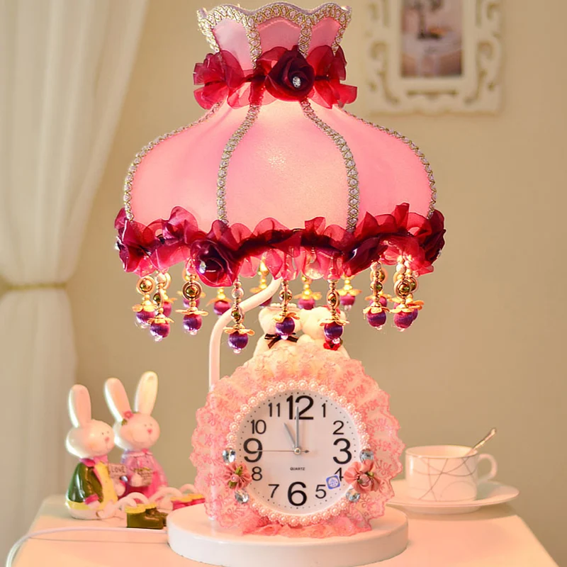 Nachtlampje voor meisjesslaapkamer met 1 lamp, kindertafelverlichting paars en roze, met geschulpte stoffen kap en klok Cl...