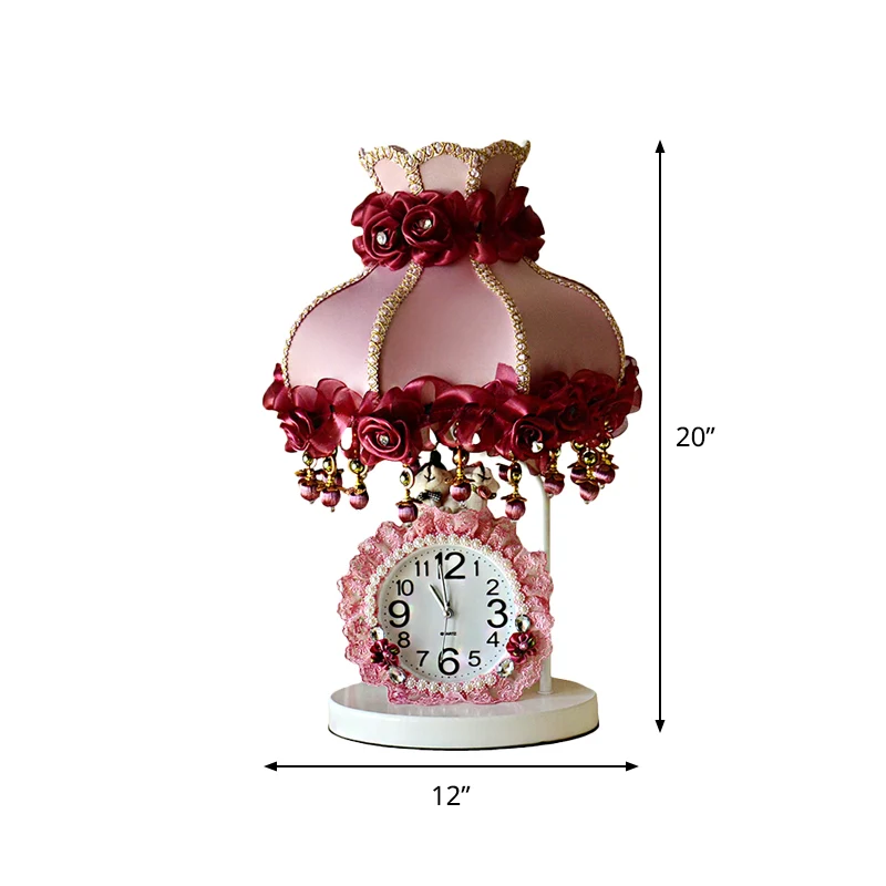 Nachtlampje voor meisjesslaapkamer met 1 lamp, kindertafelverlichting paars en roze, met geschulpte stoffen kap en klok Cl...