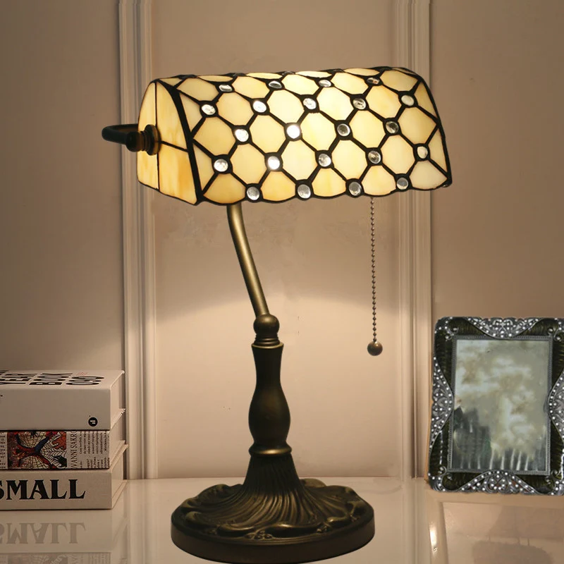 Nachttafellamp met edelstenen, mediterraan beige/blauw glas, enkele lamp, zwart nachtkastje voor slaapkamer Clearhalo