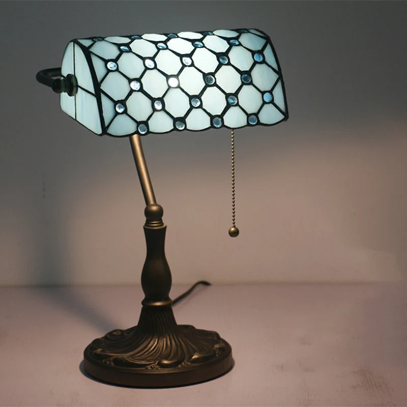 Nachttafellamp met edelstenen, mediterraan beige/blauw glas, enkele lamp, zwart nachtkastje voor slaapkamer Clearhalo