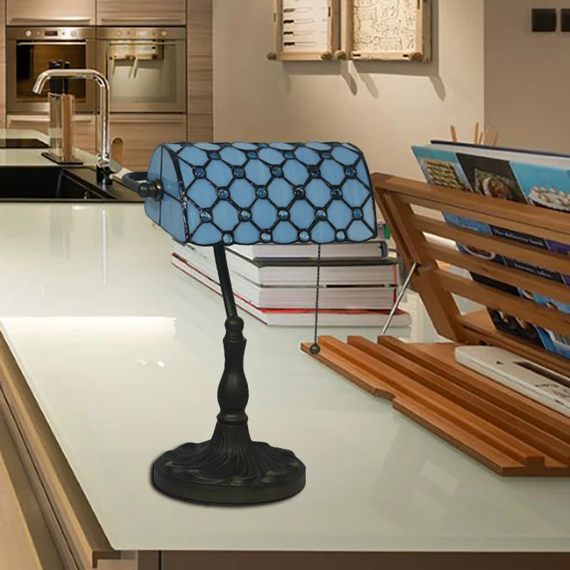 Nachttafellamp met edelstenen, mediterraan beige/blauw glas, enkele lamp, zwart nachtkastje voor slaapkamer Clearhalo