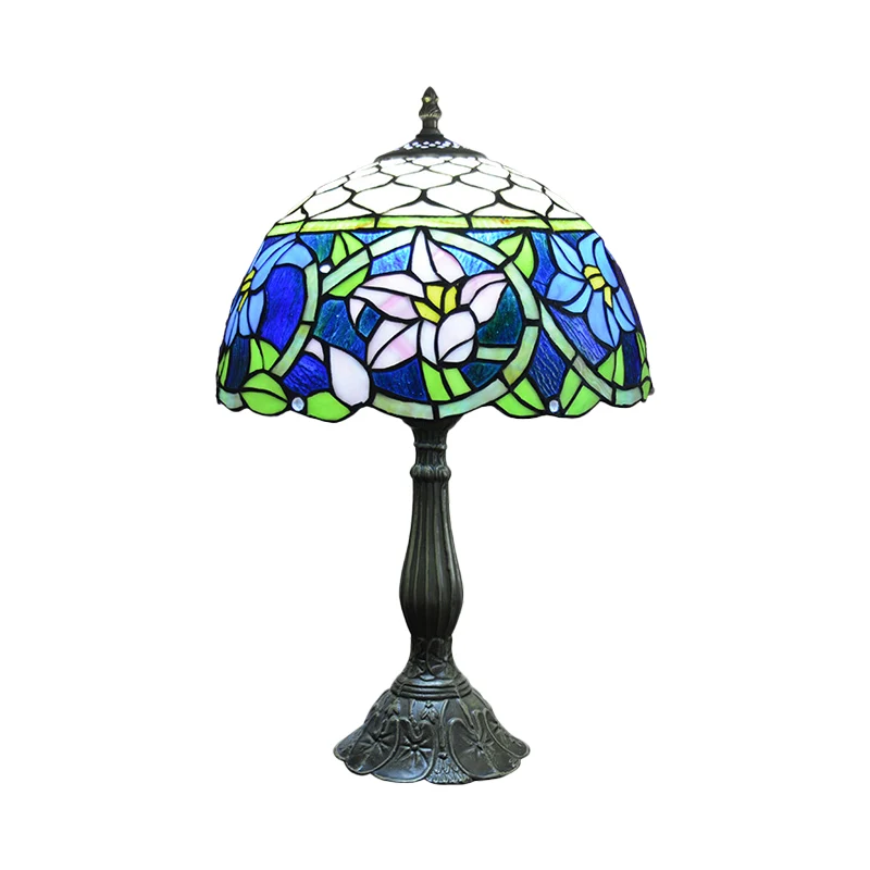 Narcissen Blauw Glas Nachtlampje Mediterraans 1-Licht Bronzen Tafelverlichting met Visschub-element Clearhalo