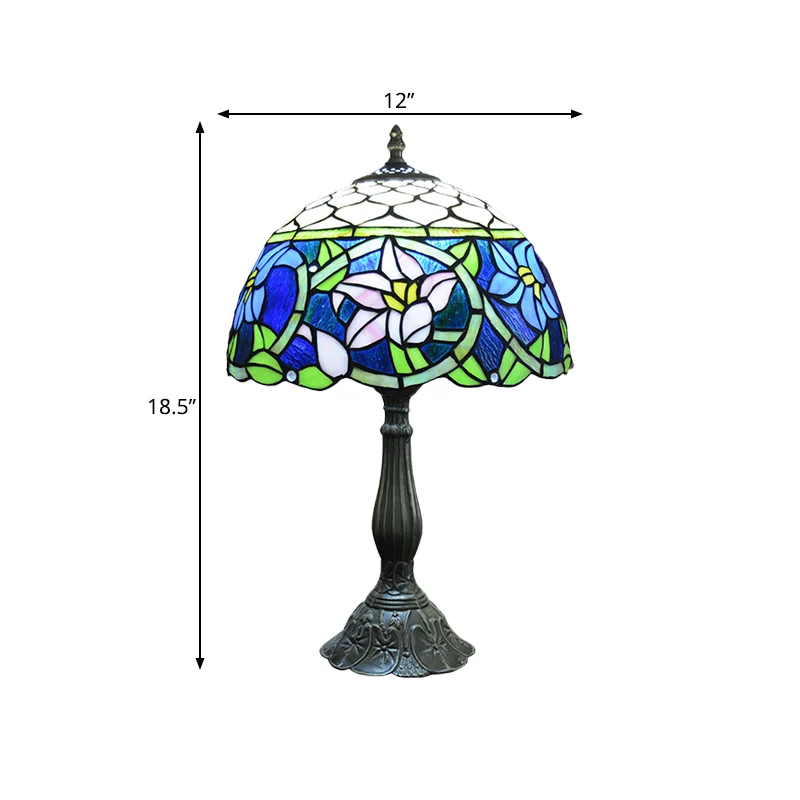 Narcissen Blauw Glas Nachtlampje Mediterraans 1-Licht Bronzen Tafelverlichting met Visschub-element Clearhalo