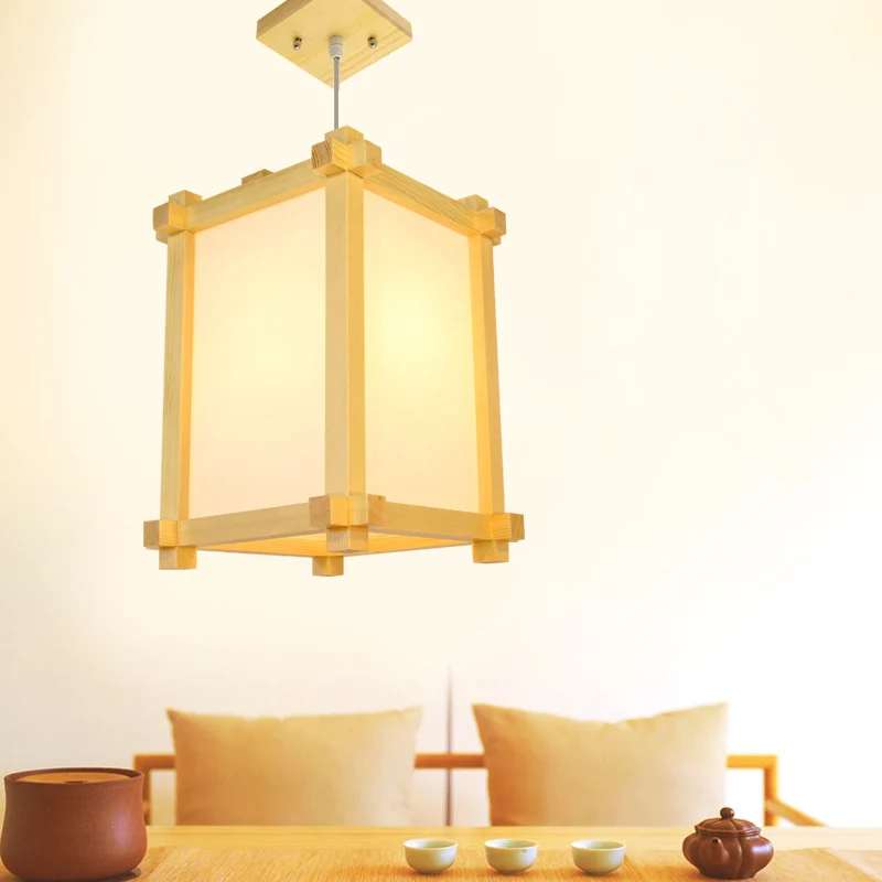 Natuurlijk hout 1-lichts hanglamp Japanse rechthoekige hangende plafondlamp voor restaurant Clearhalo