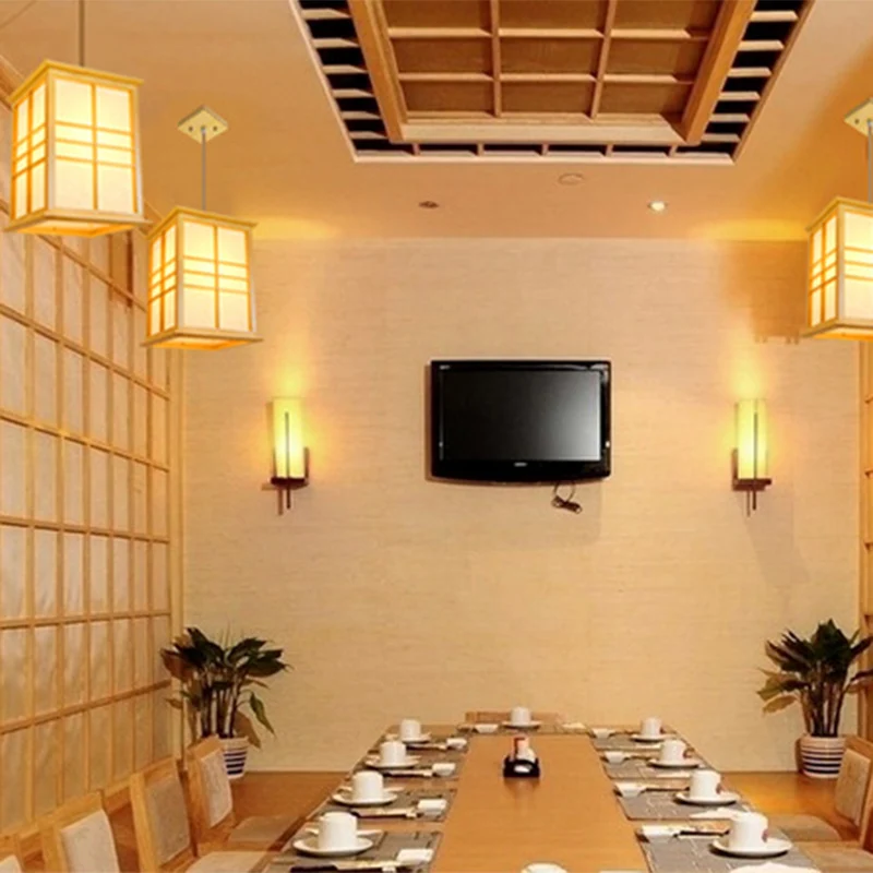 Natuurlijk hout 1-lichts hanglamp Japanse rechthoekige hangende plafondlamp voor restaurant Clearhalo