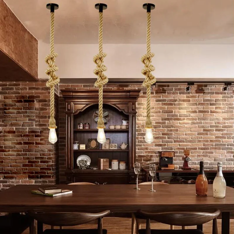 Natuurlijke Henneptouw Hanglamp Retro Industriële Kale Lamp Enkele Lichte Plafondhanger voor Bar Coffee Shop Clearhalo